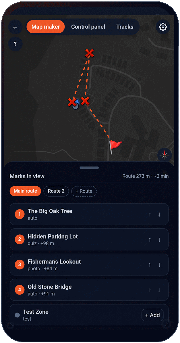 The MapHunt map maker open on a phone, showing a route with marks and a finish flag